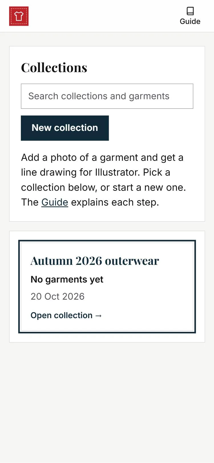 The Collections page: a search box, the New collection button and a collection card