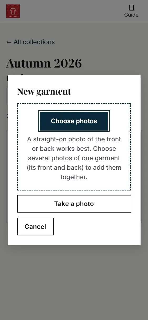 The New garment box with the Choose photos and Take a photo buttons