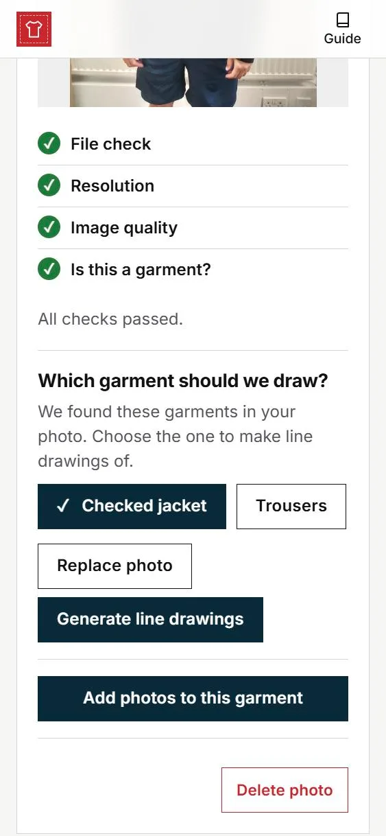 The checks, all passed, and the question Which garment should we draw? with Checked jacket chosen