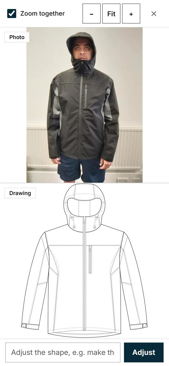 The Compare view: the photo above the drawing, with zoom buttons and the adjust box