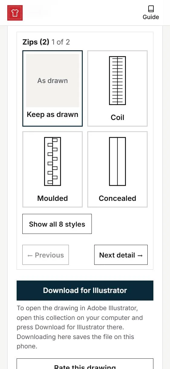 The zips found in the drawing as small pictures to choose from, then the Download for Illustrator button