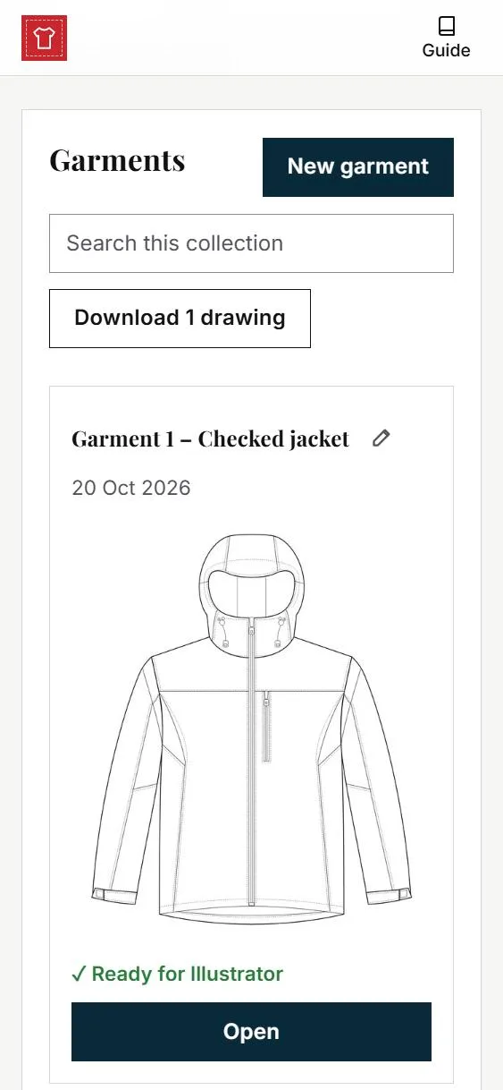 The garment's card in the collection, with the drawing and the words Ready for Illustrator